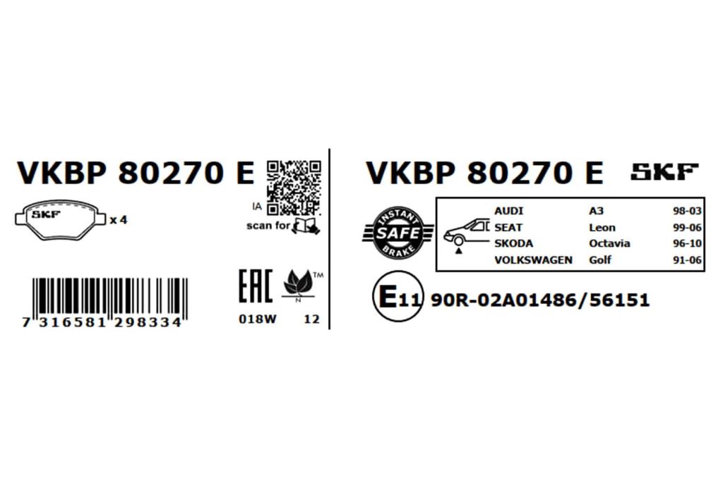 Jeu de 4 plaquettes de frein SKF ref. VKBP 80270 E
